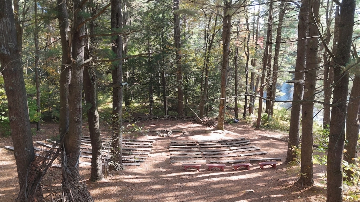 Lakeside amphitheater among the pines at Camp Timber Trails